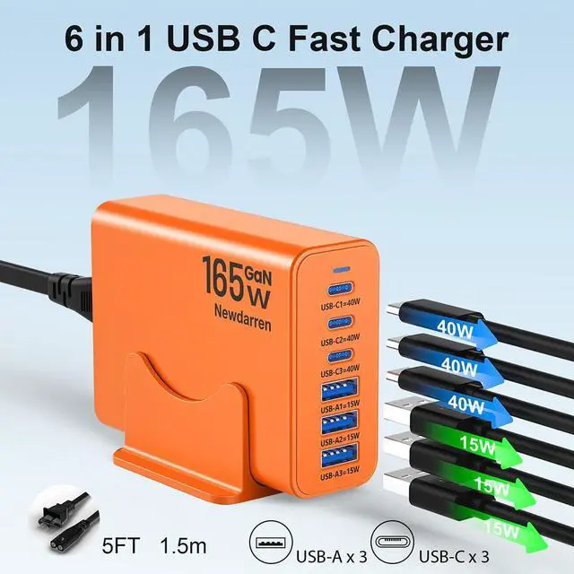 Alt view image 2 of 6 - 165W Charging Station, 6 Port Desktop Charger, 3 Ports 40W Orange