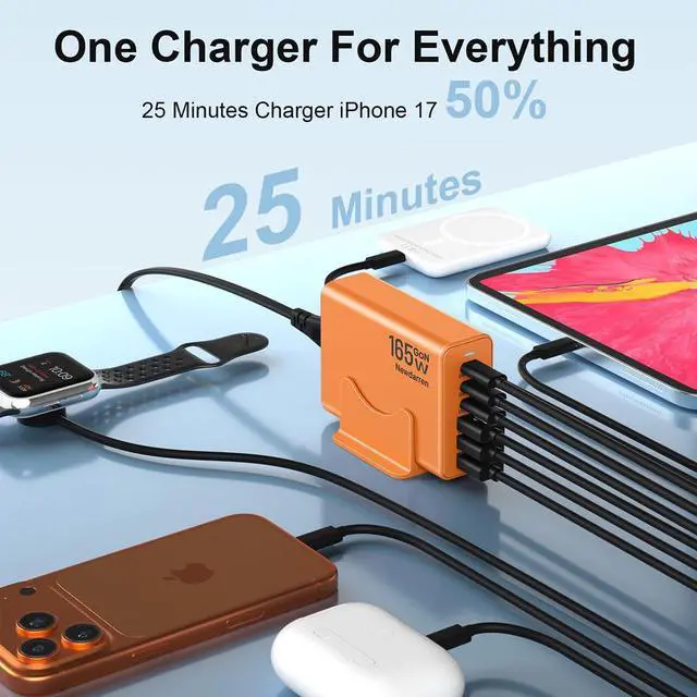 Alt view image 3 of 6 - 165W Charging Station, 6 Port Desktop Charger, 3 Ports 40W Orange
