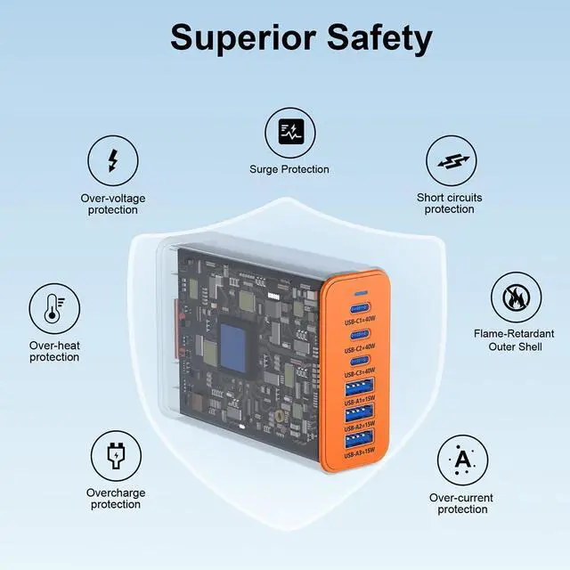Alt view image 5 of 6 - 165W Charging Station, 6 Port Desktop Charger, 3 Ports 40W Orange