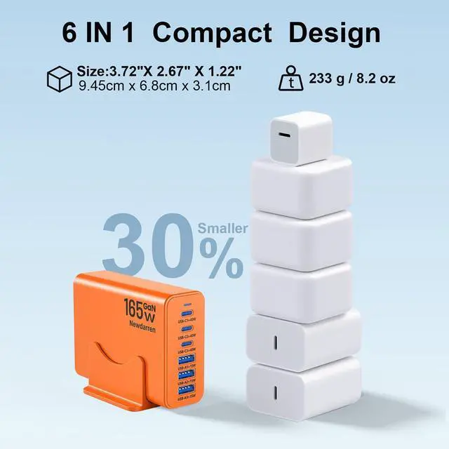 Alt view image 6 of 6 - 165W Charging Station, 6 Port Desktop Charger, 3 Ports 40W Orange