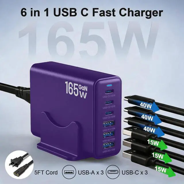 Alt view image 2 of 7 - 165W Charging Station, 6 Port Desktop Charger, 3 Ports 40W Purple