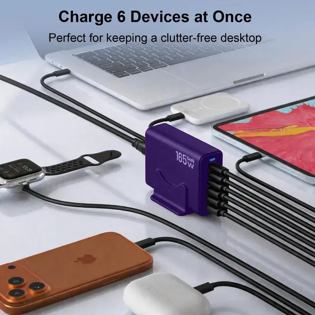 Alt view image 4 of 7 - 165W Charging Station, 6 Port Desktop Charger, 3 Ports 40W Purple