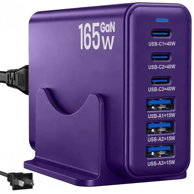 Main image of 165W Charging Station, 6 Port Desktop Charger, 3 Ports 40W Purple