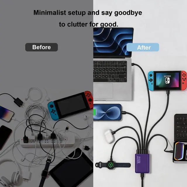 Alt view image 6 of 7 - 165W Charging Station, 6 Port Desktop Charger, 3 Ports 40W Purple