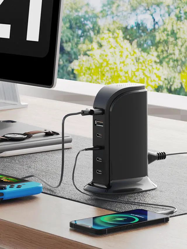 Alt view image 2 of 7 - USB Charger, Charging Station for Multiple Devices 65W, Fast Charging Blocks with 4Type C Ports, Dual USB Charging Hub Organizer Multiport for iPhone, Ipad, Smartphones, Travel Accessories (Black)