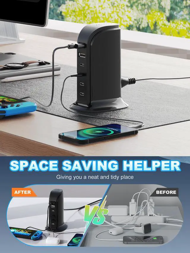 Alt view image 5 of 7 - USB Charger, Charging Station for Multiple Devices 65W, Fast Charging Blocks with 4Type C Ports, Dual USB Charging Hub Organizer Multiport for iPhone, Ipad, Smartphones, Travel Accessories (Black)