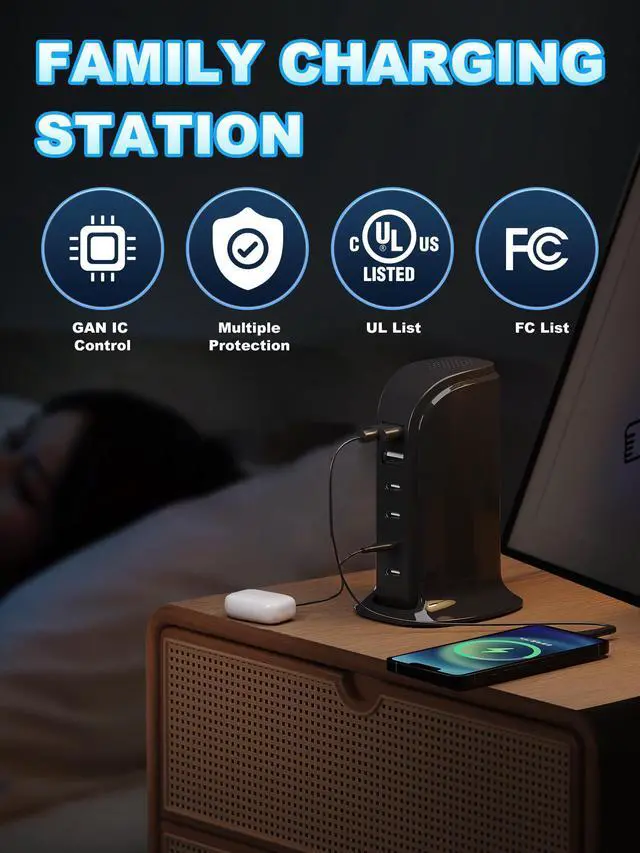Alt view image 6 of 7 - USB Charger, Charging Station for Multiple Devices 65W, Fast Charging Blocks with 4Type C Ports, Dual USB Charging Hub Organizer Multiport for iPhone, Ipad, Smartphones, Travel Accessories (Black)