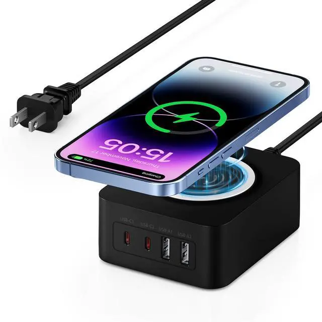 Main image of 60W USB Charging Station with 15W Wireless Charger, 2 USBA and 2 USBC Multiple Port Desktop Charger Quick Charge Block for iPhone 17 Pro Max 16e 16 Pro Max Samsung S25 Ultra iPad MacBook Laptop Pixel