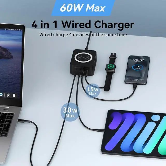 Alt view image 2 of 7 - 60W USB Charging Station with 15W Wireless Charger, 2 USBA and 2 USBC Multiple Port Desktop Charger Quick Charge Block for iPhone 17 Pro Max 16e 16 Pro Max Samsung S25 Ultra iPad MacBook Laptop Pixel