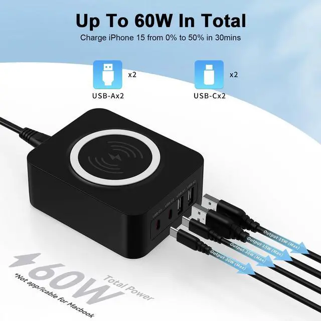 Alt view image 3 of 7 - 60W USB Charging Station with 15W Wireless Charger, 2 USBA and 2 USBC Multiple Port Desktop Charger Quick Charge Block for iPhone 17 Pro Max 16e 16 Pro Max Samsung S25 Ultra iPad MacBook Laptop Pixel