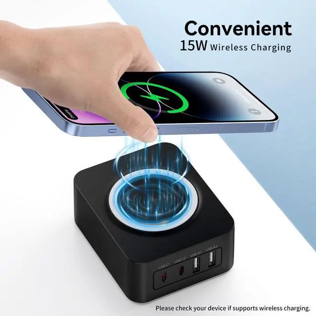 Alt view image 6 of 7 - 60W USB Charging Station with 15W Wireless Charger, 2 USBA and 2 USBC Multiple Port Desktop Charger Quick Charge Block for iPhone 17 Pro Max 16e 16 Pro Max Samsung S25 Ultra iPad MacBook Laptop Pixel