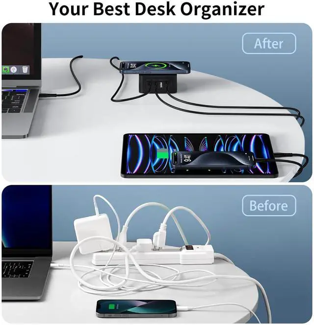 Alt view image 7 of 7 - 60W USB Charging Station with 15W Wireless Charger, 2 USBA and 2 USBC Multiple Port Desktop Charger Quick Charge Block for iPhone 17 Pro Max 16e 16 Pro Max Samsung S25 Ultra iPad MacBook Laptop Pixel