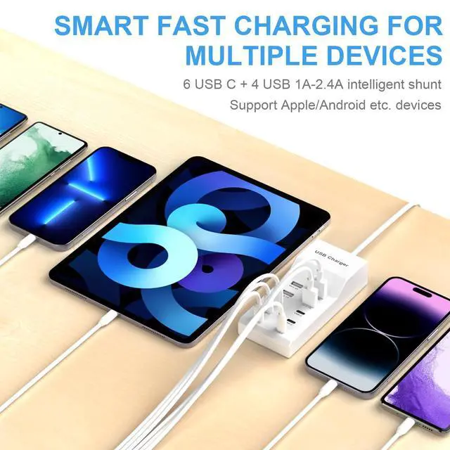Alt view image 4 of 7 - USB Charging Station for Multiple Devices USB Wall Charger Power Hub Strip Smart Plug Charging Dock Desktop Charge Block 6 USB C 4 USB A Ports Compatible with iPhone 15/iPad/iPod/Galaxy S Smart Phones