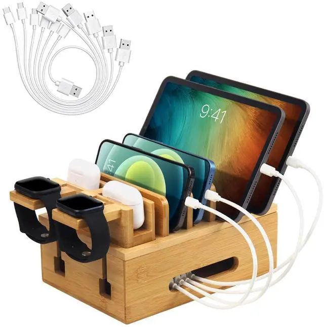 Main image of Bamboo Charging Station for Multiple Devices, Desktop Organizer Docking Station, Natural Bamboo Desk Storage Stand for Phone, Tablet, Earbuds, Smart Watch (Power Adapter Not Included)