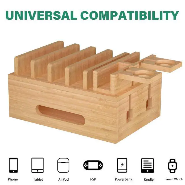 Alt view image 2 of 7 - Bamboo Charging Station for Multiple Devices, Desktop Organizer Docking Station, Natural Bamboo Desk Storage Stand for Phone, Tablet, Earbuds, Smart Watch (Power Adapter Not Included)