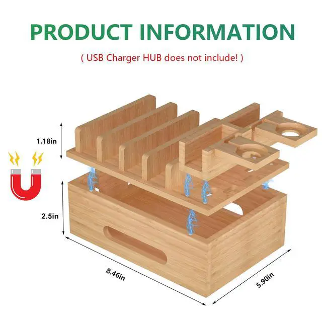 Alt view image 3 of 7 - Bamboo Charging Station for Multiple Devices, Desktop Organizer Docking Station, Natural Bamboo Desk Storage Stand for Phone, Tablet, Earbuds, Smart Watch (Power Adapter Not Included)