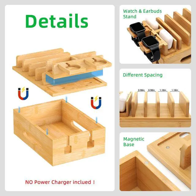 Alt view image 4 of 7 - Bamboo Charging Station for Multiple Devices, Desktop Organizer Docking Station, Natural Bamboo Desk Storage Stand for Phone, Tablet, Earbuds, Smart Watch (Power Adapter Not Included)
