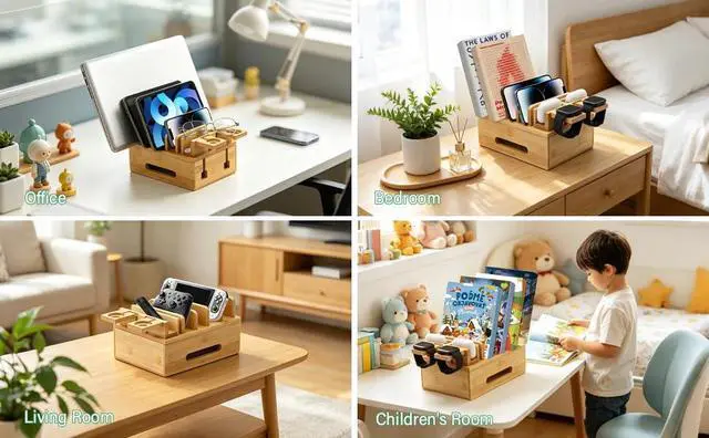 Alt view image 7 of 7 - Bamboo Charging Station for Multiple Devices, Desktop Organizer Docking Station, Natural Bamboo Desk Storage Stand for Phone, Tablet, Earbuds, Smart Watch (Power Adapter Not Included)