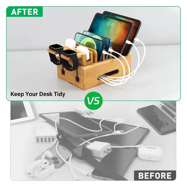 Alt view image 6 of 7 - Bamboo Charging Station for Multiple Devices, Desktop Organizer Docking Station, Natural Bamboo Desk Storage Stand for Phone, Tablet, Earbuds, Smart Watch (Power Adapter Not Included)