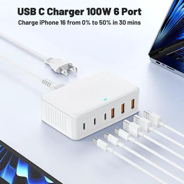 Alt view image 2 of 7 - USB C Fast Charger Block, 100W GaN 6 Port Type C Charging Station Hub,Wall Charger Power Strip Adapter Plug Cube Brick Box for Apple iPhone 17 16 15 14 13 12 Pro Max/iPad/Pixel/Samsung Galaxy S25 S24