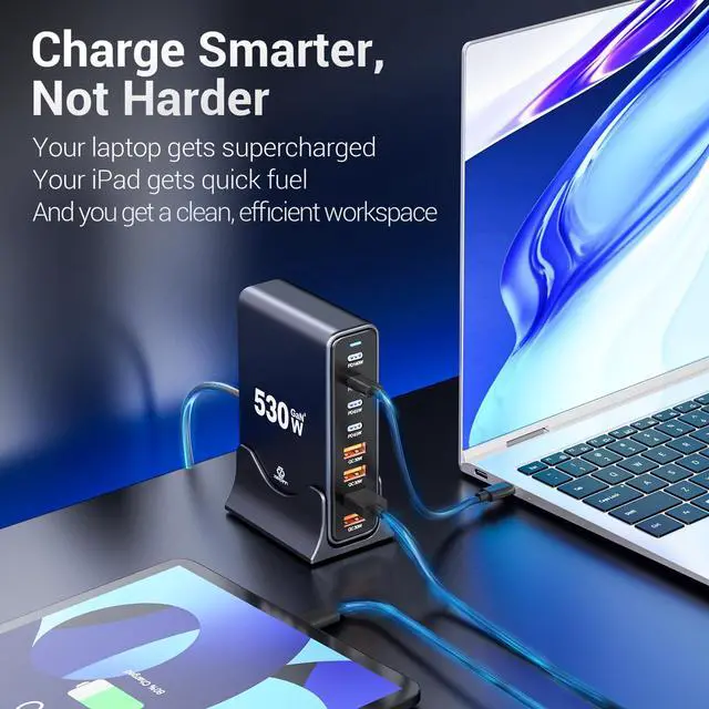 Alt view image 3 of 7 - 530W USB C Charging Station, 8-Port Desktop Charger, PD 140W PD 65W QC 30W GaN Fast USB Charger Block for MacBook, Ipad, iPhone, Samsung
