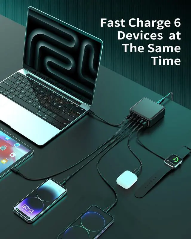 Alt view image 3 of 7 - Charging Station for Multiple Devices : 130W 6 Port GaN Fast USB C Charger Station, Compact Multi Port PD 65W 45W Charger for iPhone 17/16 15/14/13/Pro Max
