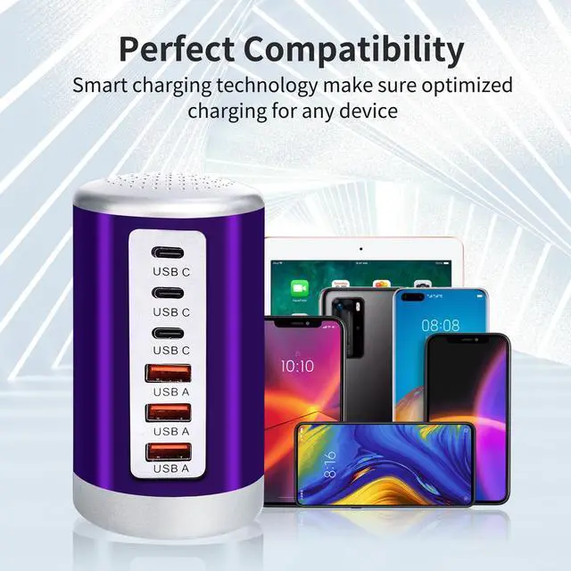 Alt view image 3 of 6 - 60W USB Charging Station with 6-Port (3 USB-A & 3 USB-C) for iPhone 12/13/14, Tablets & Smartphones - Purple
