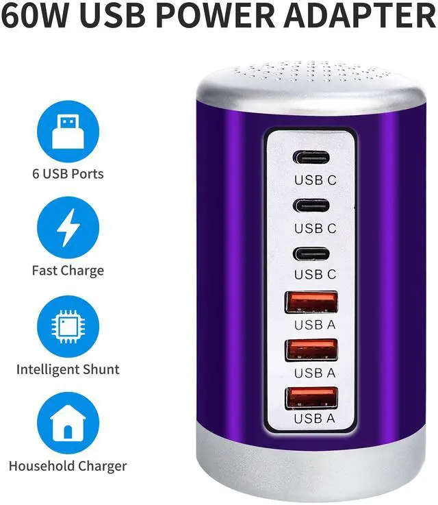 Alt view image 5 of 6 - 60W USB Charging Station with 6-Port (3 USB-A & 3 USB-C) for iPhone 12/13/14, Tablets & Smartphones - Purple