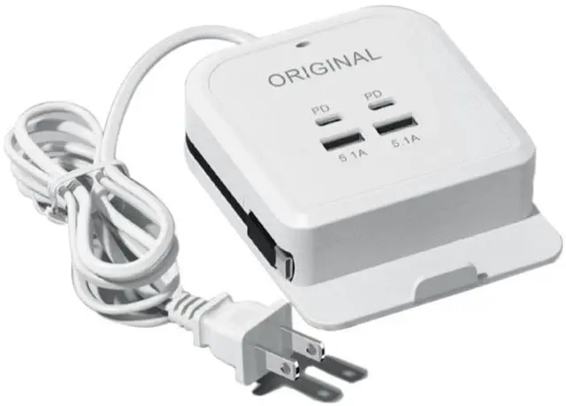Main image of Charger Power Socket, 4-Port Charging Station with 15W Fast Charging PD USB-C Port & Integrated Type-C Cable, Desktop/Nightstand Charger with Phone Stand, for iPhone Samsung iPad & More