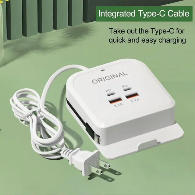 Alt view image 3 of 6 - Charger Power Socket, 4-Port Charging Station with 15W Fast Charging PD USB-C Port & Integrated Type-C Cable, Desktop/Nightstand Charger with Phone Stand, for iPhone Samsung iPad & More