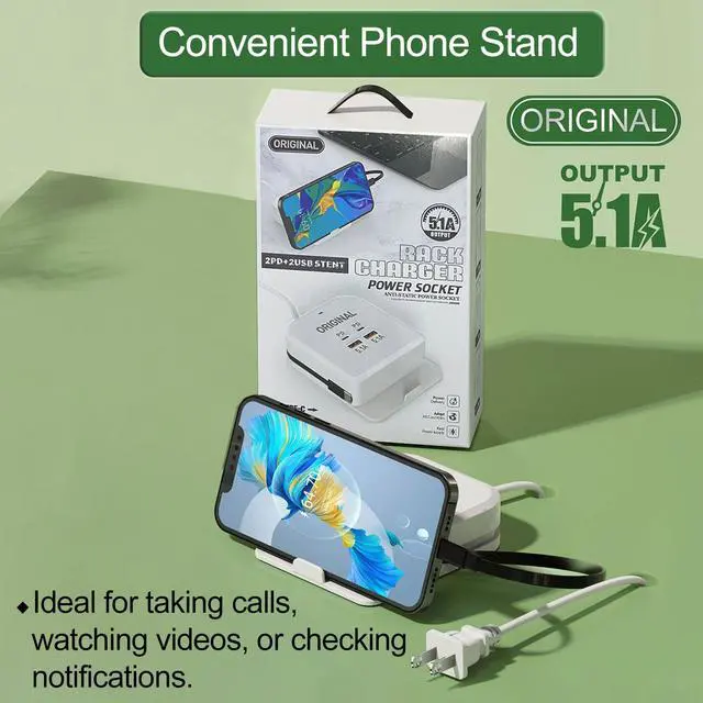 Alt view image 2 of 6 - Charger Power Socket, 4-Port Charging Station with 15W Fast Charging PD USB-C Port & Integrated Type-C Cable, Desktop/Nightstand Charger with Phone Stand, for iPhone Samsung iPad & More
