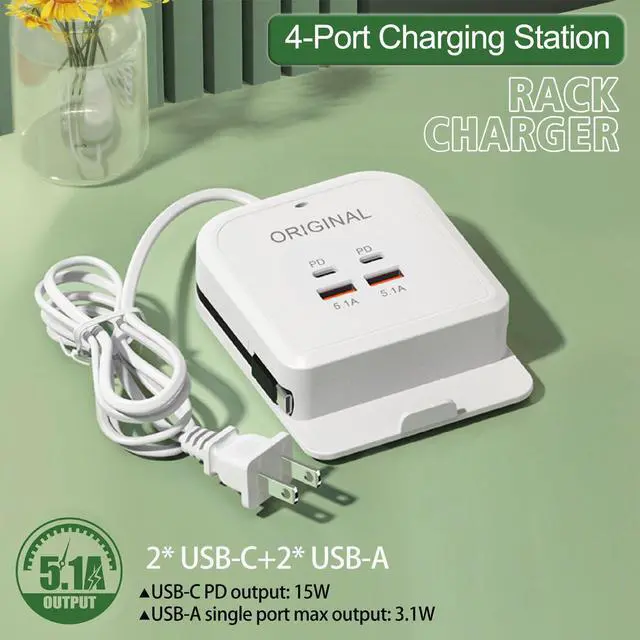 Alt view image 4 of 6 - Charger Power Socket, 4-Port Charging Station with 15W Fast Charging PD USB-C Port & Integrated Type-C Cable, Desktop/Nightstand Charger with Phone Stand, for iPhone Samsung iPad & More