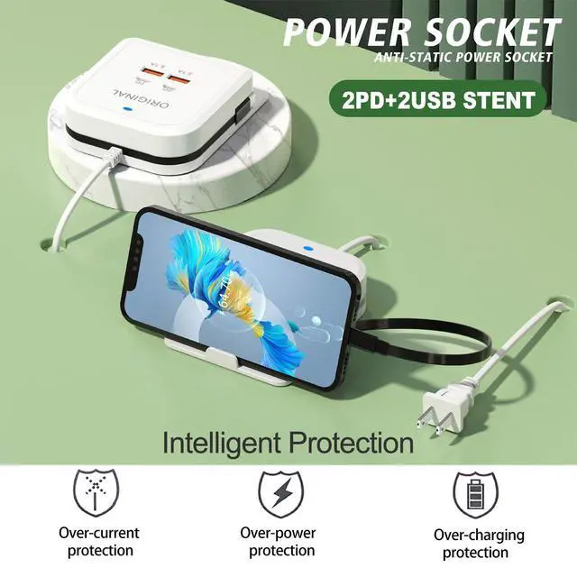 Alt view image 5 of 6 - Charger Power Socket, 4-Port Charging Station with 15W Fast Charging PD USB-C Port & Integrated Type-C Cable, Desktop/Nightstand Charger with Phone Stand, for iPhone Samsung iPad & More