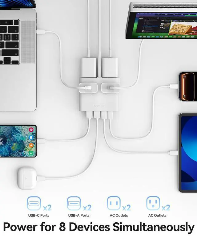 Alt view image 2 of 7 - 25W GaN Power Strip with USB Ports, 8-in-1 Charging Station