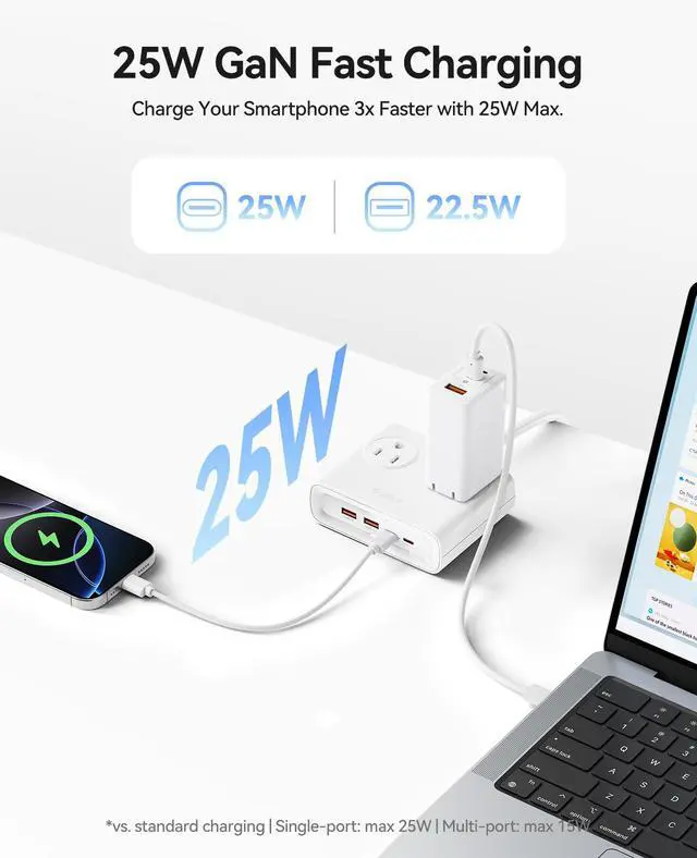 Alt view image 3 of 7 - 25W GaN Power Strip with USB Ports, 8-in-1 Charging Station