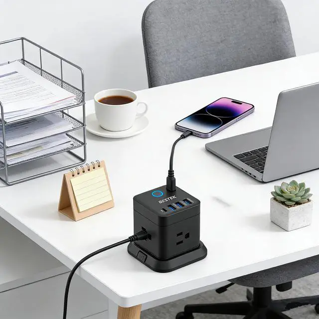 Alt view image 7 of 7 - PD20W Power Strip Tower with USB, Vertical Cube Mountable Power Outlet Extender with 3 Outlets, 3 USB-A & 1 USB-C Ports, 5-Foot Extension Cord and Detachable Base for Easy Mounting (Black)