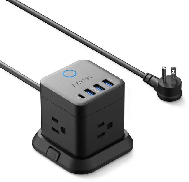 Main image of PD20W Power Strip Tower with USB, Vertical Cube Mountable Power Outlet Extender with 3 Outlets, 3 USB-A & 1 USB-C Ports, 5-Foot Extension Cord and Detachable Base for Easy Mounting (Black)