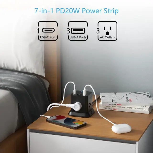 Alt view image 2 of 7 - PD20W Power Strip Tower with USB, Vertical Cube Mountable Power Outlet Extender with 3 Outlets, 3 USB-A & 1 USB-C Ports, 5-Foot Extension Cord and Detachable Base for Easy Mounting (Black)