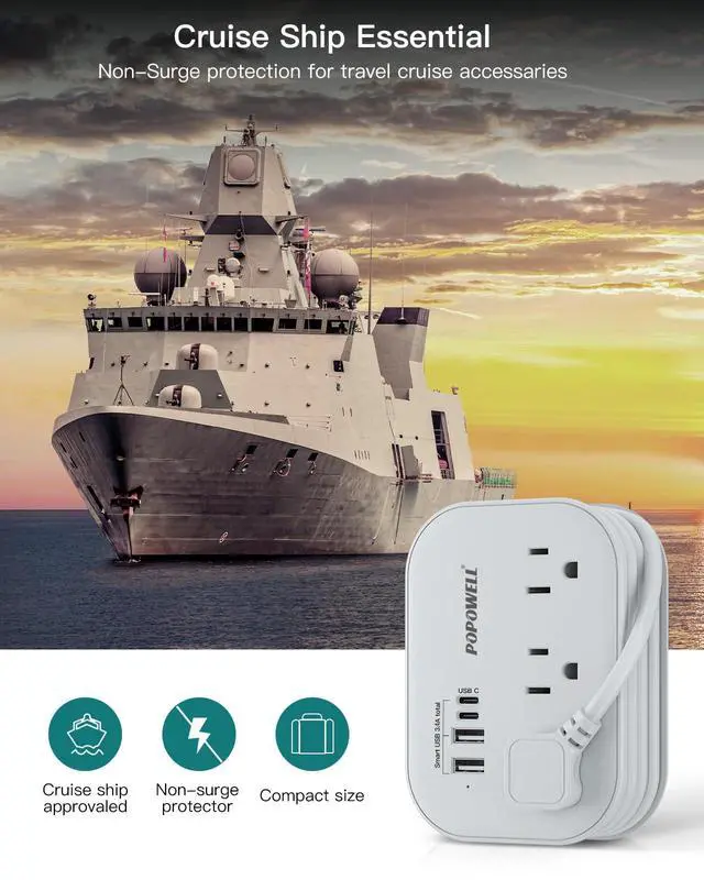 Alt view image 2 of 7 - Flat Plug Power Strip- USB Travel Power Strip, 3 Outlets and 4 USB Ports(2 USBC) Desktop Charging Station, 5 Ft Wrapped Extension Cord, Non-Surge Protector for Cruise Essentials, Travel, Home, Dorm.