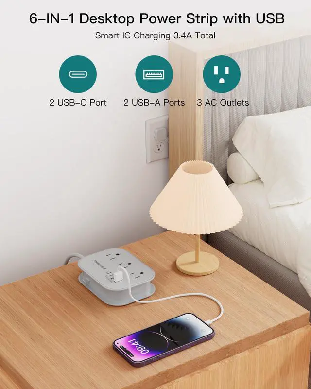 Alt view image 6 of 7 - Flat Plug Power Strip- USB Travel Power Strip, 3 Outlets and 4 USB Ports(2 USBC) Desktop Charging Station, 5 Ft Wrapped Extension Cord, Non-Surge Protector for Cruise Essentials, Travel, Home, Dorm.