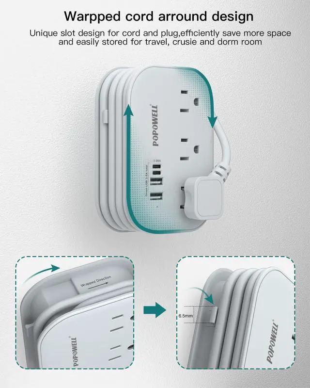 Alt view image 7 of 7 - Flat Plug Power Strip- USB Travel Power Strip, 3 Outlets and 4 USB Ports(2 USBC) Desktop Charging Station, 5 Ft Wrapped Extension Cord, Non-Surge Protector for Cruise Essentials, Travel, Home, Dorm.