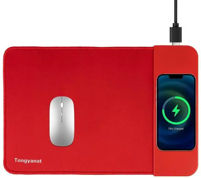 Main image of 15W Wireless Charging Mouse Pad, 2 in 1 Desk Pad with Non-Slip Rubber Base, Fast Qi Wireless Charger for iPhone/Computers/Home Charging Devices, 12.8 * 8.5in Mouse Pad - Red