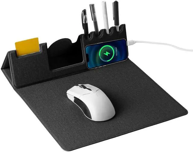 Main image of Mouse Pad with Phone Holder & Pen Holders, Wireless Charging Desk Mat, Mousepad Home Office Desk Pad with Ultra-Smooth Surface, Non-Slip Base, Waterproof Keyboard Pad, Classic Black Desk Mat