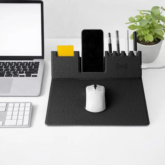 Alt view image 2 of 7 - Mouse Pad with Phone Holder & Pen Holders, Wireless Charging Desk Mat, Mousepad Home Office Desk Pad with Ultra-Smooth Surface, Non-Slip Base, Waterproof Keyboard Pad, Classic Black Desk Mat