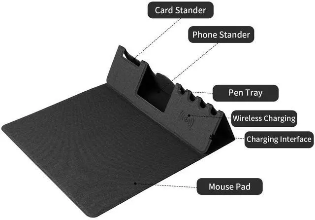 Alt view image 4 of 7 - Mouse Pad with Phone Holder & Pen Holders, Wireless Charging Desk Mat, Mousepad Home Office Desk Pad with Ultra-Smooth Surface, Non-Slip Base, Waterproof Keyboard Pad, Classic Black Desk Mat