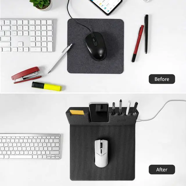 Alt view image 3 of 7 - Mouse Pad with Phone Holder & Pen Holders, Wireless Charging Desk Mat, Mousepad Home Office Desk Pad with Ultra-Smooth Surface, Non-Slip Base, Waterproof Keyboard Pad, Classic Black Desk Mat