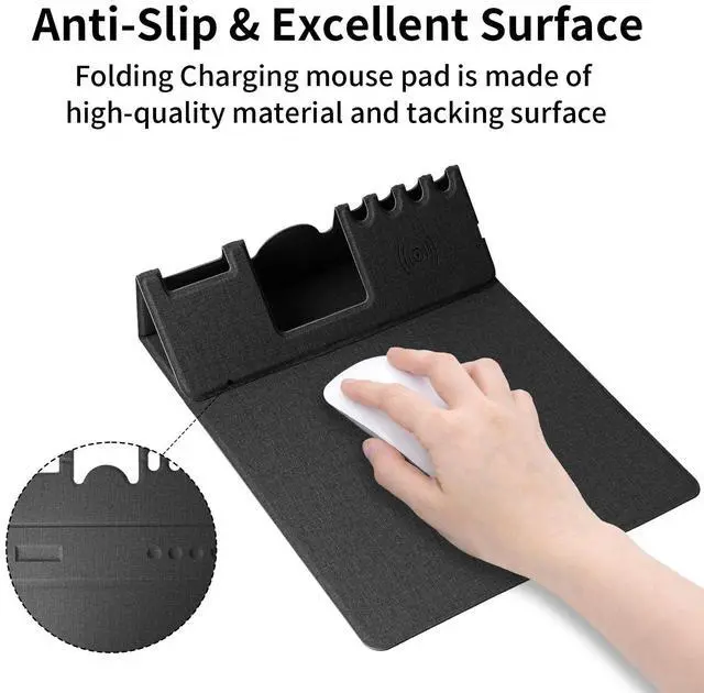Alt view image 5 of 7 - Mouse Pad with Phone Holder & Pen Holders, Wireless Charging Desk Mat, Mousepad Home Office Desk Pad with Ultra-Smooth Surface, Non-Slip Base, Waterproof Keyboard Pad, Classic Black Desk Mat