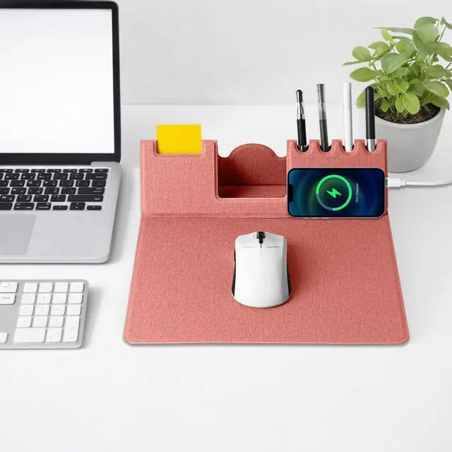 Alt view image 2 of 7 - Mouse Pad with Phone Holder & Pen Holders, Wireless Charging Desk Mat, Mousepad Home Office Desk Pad with Ultra-Smooth Surface, Non-Slip Base, Waterproof Keyboard Pad, Classic Pink Desk Mat