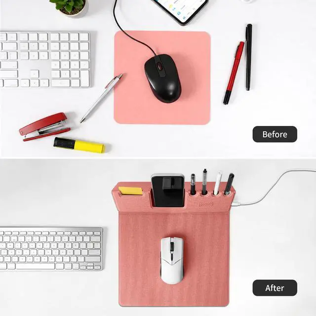 Alt view image 3 of 7 - Mouse Pad with Phone Holder & Pen Holders, Wireless Charging Desk Mat, Mousepad Home Office Desk Pad with Ultra-Smooth Surface, Non-Slip Base, Waterproof Keyboard Pad, Classic Pink Desk Mat