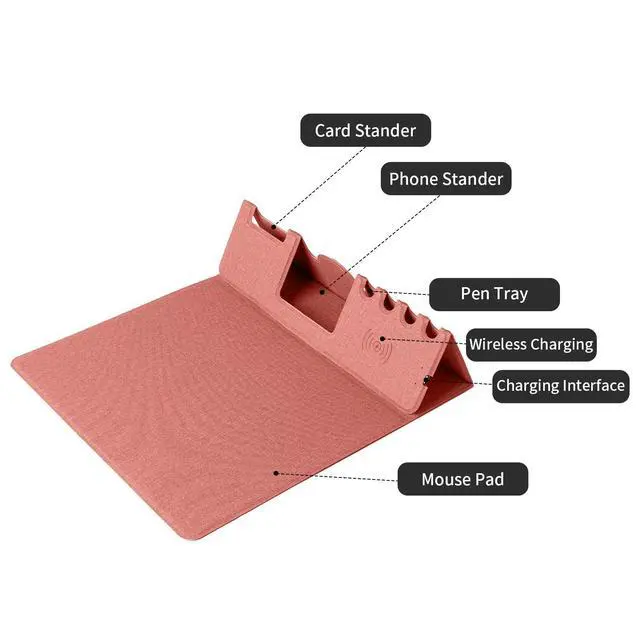 Alt view image 4 of 7 - Mouse Pad with Phone Holder & Pen Holders, Wireless Charging Desk Mat, Mousepad Home Office Desk Pad with Ultra-Smooth Surface, Non-Slip Base, Waterproof Keyboard Pad, Classic Pink Desk Mat